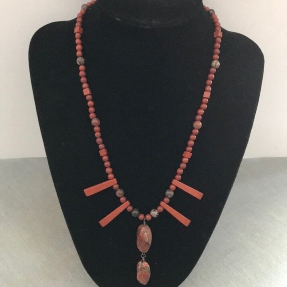 Vintage Handmade Jasper gemstone drop necklace sterling silver clasp 17.5 length